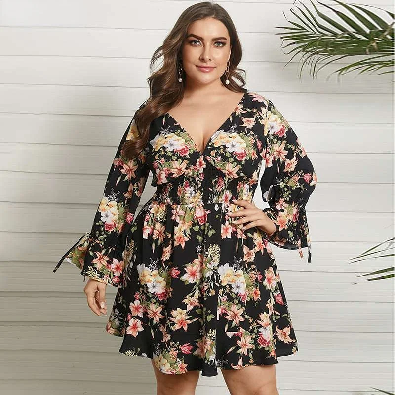 Long Sleeve V-Neck Sexy Floral Printed Mini Sundress