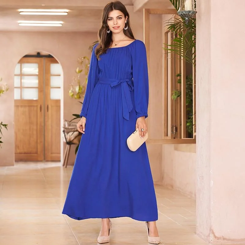 FashionSierra - New Autumn Women Casual Dress Elegant Blue Square Collar Maxi Dress Long Sleeve Belted Long Dresses Women