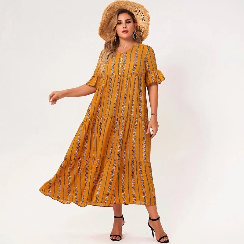 FashionSierra - Plus Size Yellow Geometry V-neck Half Flared Sleeves Button A-line Loose Bohemian Style Maxi Dresses