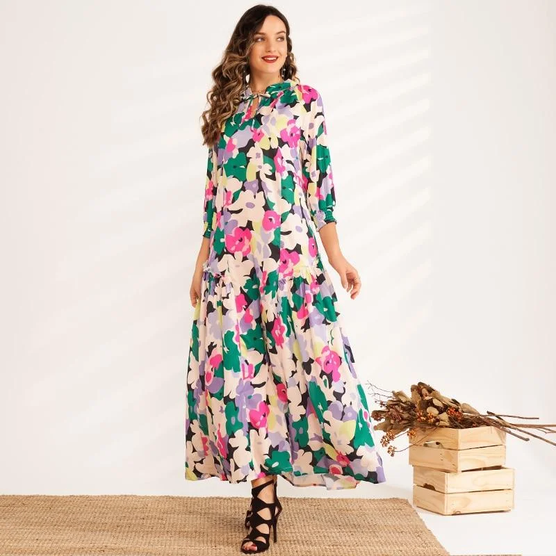 FashionSierra - New Summer Maxi Dress Women Multicolor Floral Printing 3/4 Sleeve Bow Tie Collar A-line Bohemian Elegant Holiday Style Robe