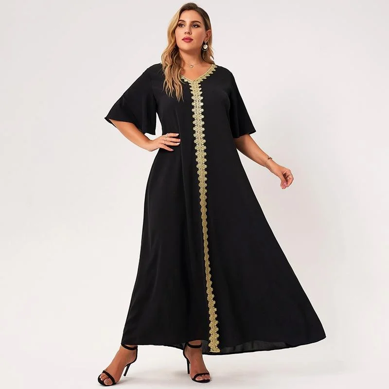 FashionSierra - Maxi Dress Women Plus Size Black Loose Embroidery Selvedge Hemmed V-neck Ruffle Half Sleeve Elegant Vintage Robe