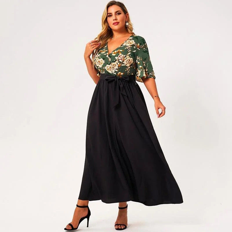 FashionSierra - Summer Maxi Dress Women Plus Size Green And Black Loose Floral Print Belt Half Sleeve V-neck Holiday Casual Large Robes