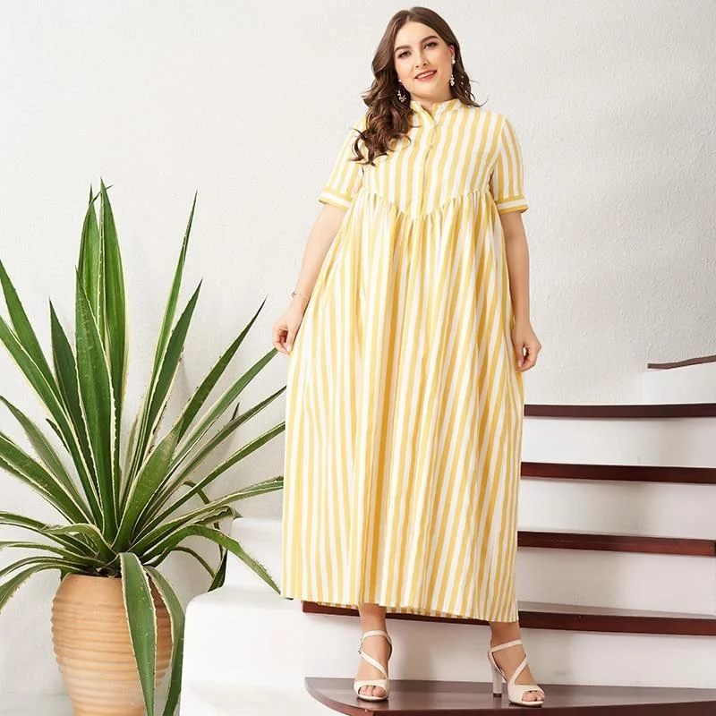 FashionSierra - New Summer Women Yellow Striped Long Dress Button Short-Sleeve Maxi Dress Plus Size Dress Casual Loose Fat Large Dresses