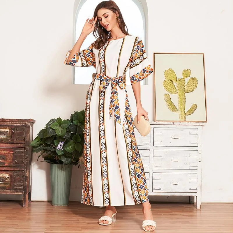 FashionSierra - New Women Summer Boho Long Dress White Fashion Tribal Print Batwing Half Sleeve Belted Kaftan Holiday Style Maxi Dresses