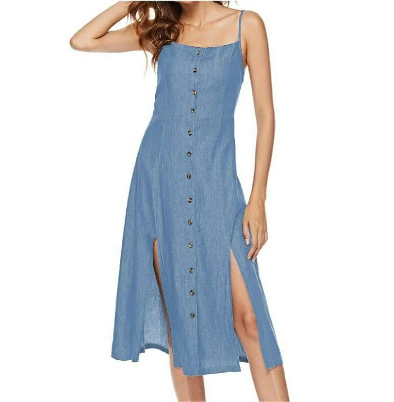 FashionSierra - New Women's Long Maxi Slim Dress Fashion Ladies Summer Denim Sleeveless Solid Casual Loose Beach Sundress