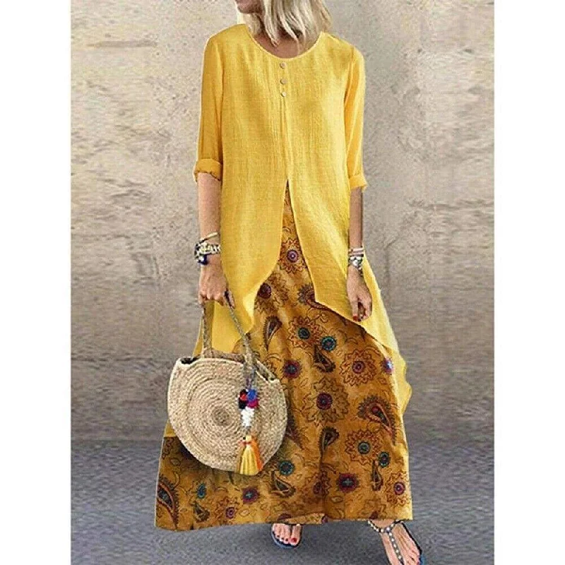 FashionSierra - New Women's Peasant Ethnic Boho Long Shirt Vest Dress Summer Casual Long Sleeve Loose Kaftan Maxi Dress Sundress Plus Size