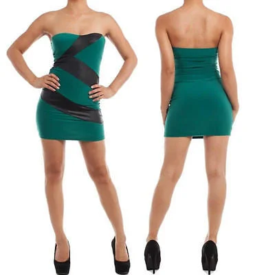 Dress Strapless Tube Mini Faux Leather Stripe Panel Zig Zag Bodycon Club