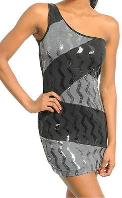 One Shoulder Dress Mini Sequin Shiny Metallic Zig Zag Black Gray Sexy