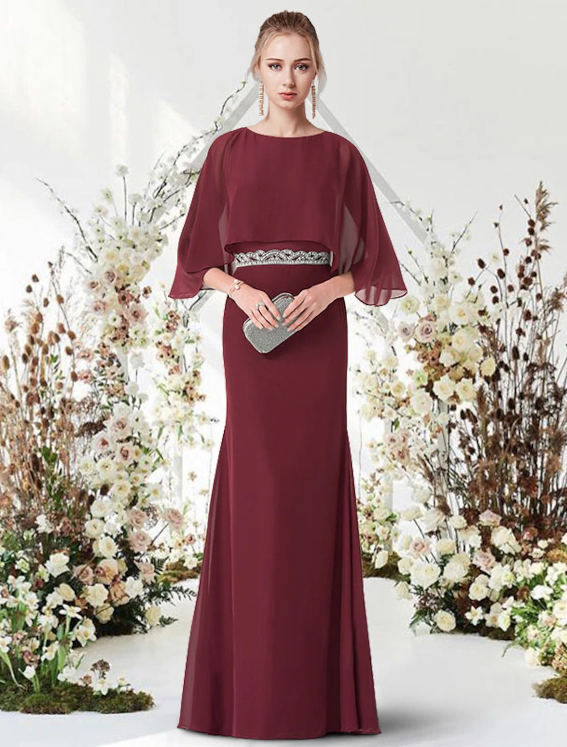 Sheath / Column Minimalist Elegant Engagement Formal Evening Dress Jewel Neck Half Sleeve Floor Length Chiffon with Sash / Ribbon