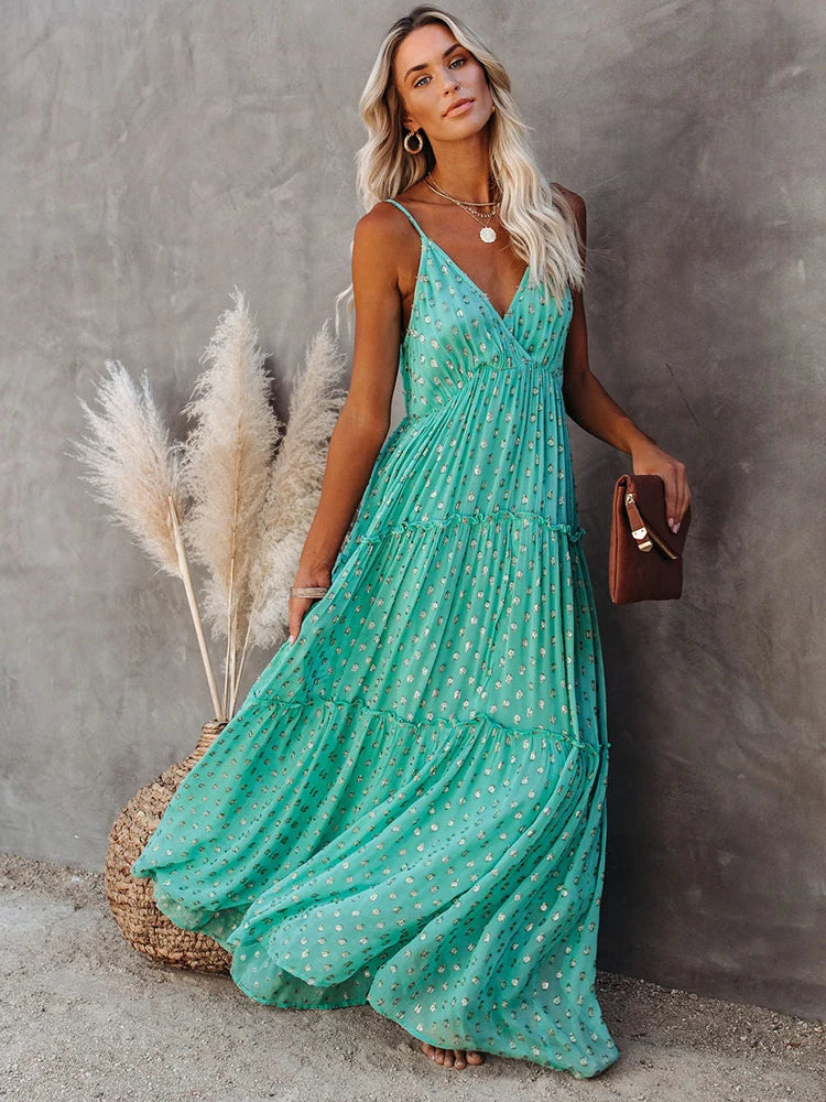 FashionSierra - 2024 Sleeveless Spaghetti Strap Pleated V Neck Maxi Boho Dress