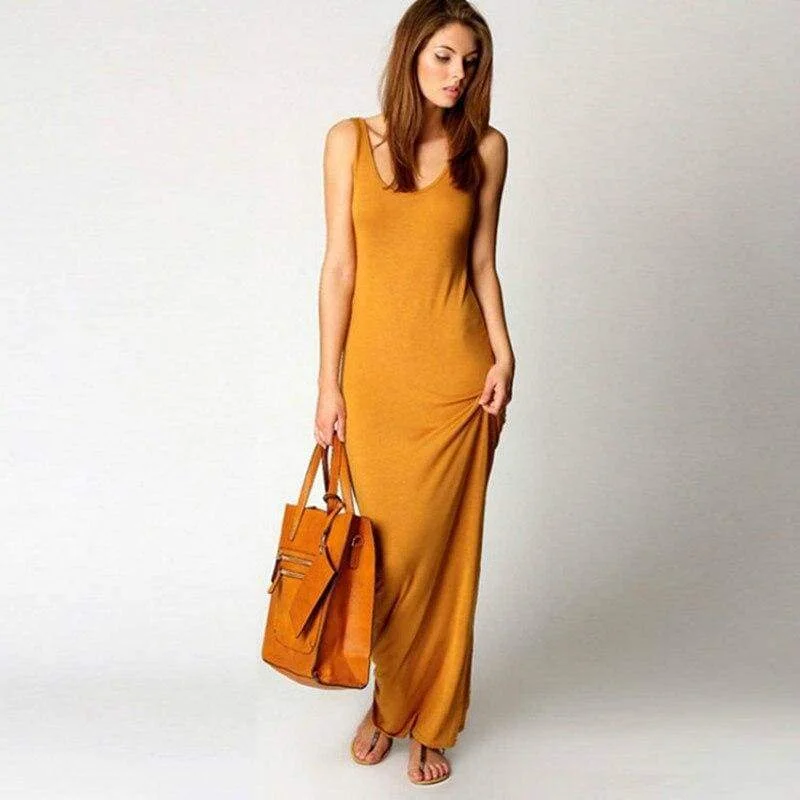 FashionSierra - Slim Maxi Dress Stretch Tank Robe Thin Long Dress O-Neck Sleeveless