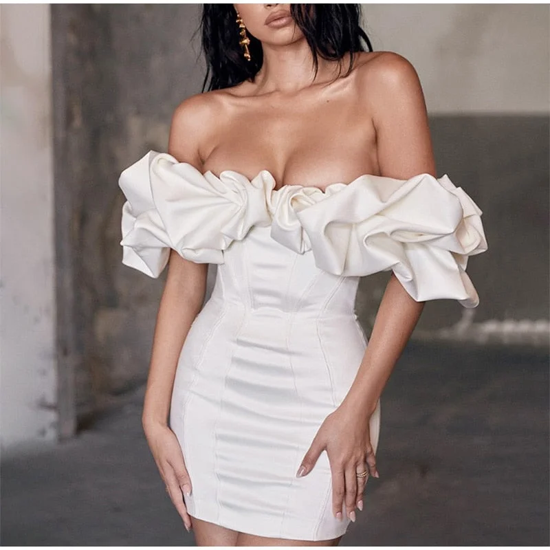 Solid Fishbone Off Shoulder Ruffled One-shoulder Mini Dress