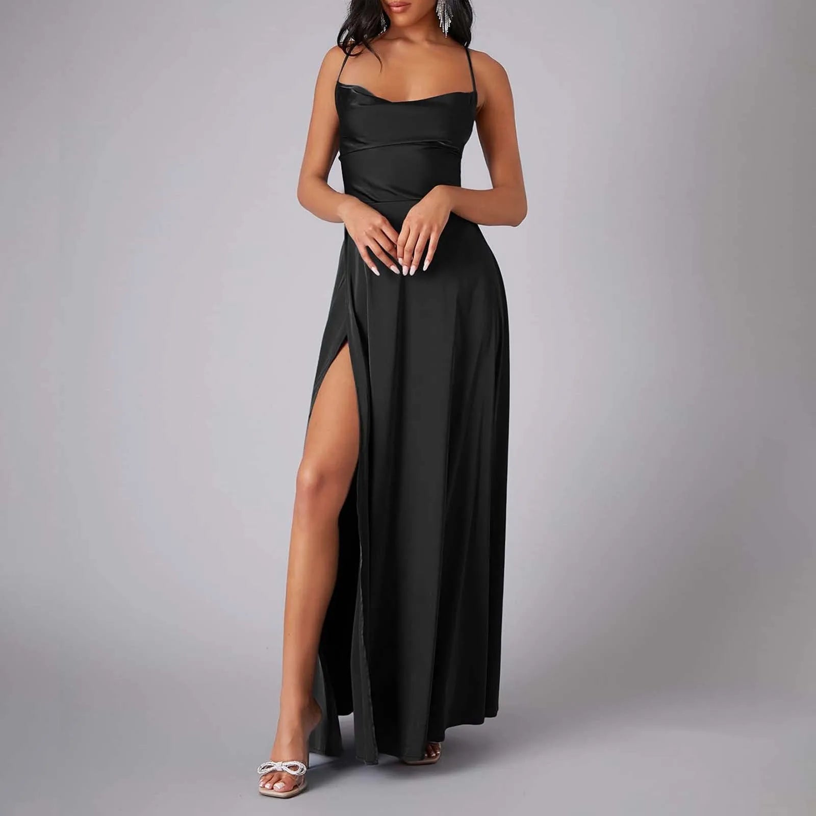 FashionSierra - Spaghetti Straps Satin Maxi High Side Slit Sexy Backless Prom Dress