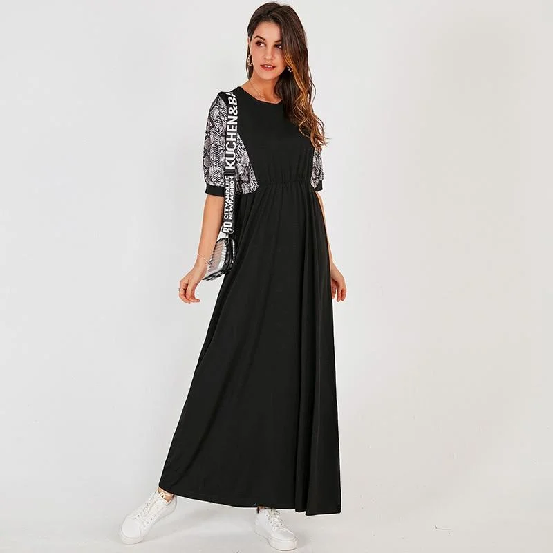 FashionSierra - Summer New Women Long Dress Black Casual Fashion Snake Print Stitching Elastic Waist O-neck Half Sleeve Maxi Dresses Robe