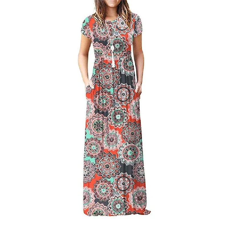 FashionSierra - Summer Short Sleeve Long Dress Floral Print Boho Beach Dress Tunic Maxi Dress