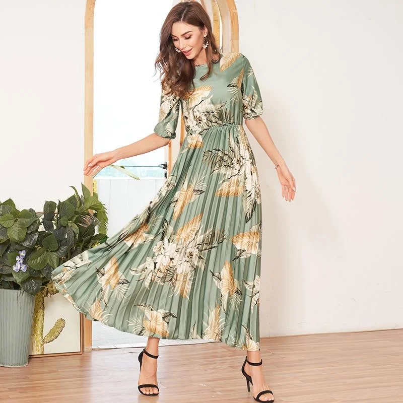 FashionSierra - Tropical Pleated Dress Women Summer Lantern Sleeve Floral Print Satin Dress A-line Holiday Dresses Ladies Maxi Dress