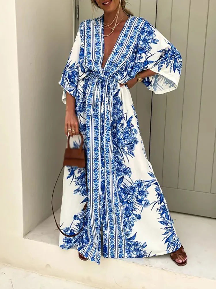 FashionSierra - 2024 Vintage Spring Pattern Print Deep V-Neck Maxi Boho Dress