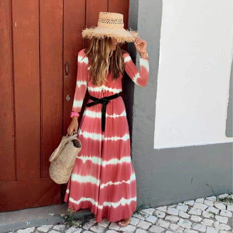 FashionSierra - Women Boho Long Sleeve Striped V Neck Long Maxi Dress 2019 Fashion Ladies Autumn Fall Wrap Dresses Sundress