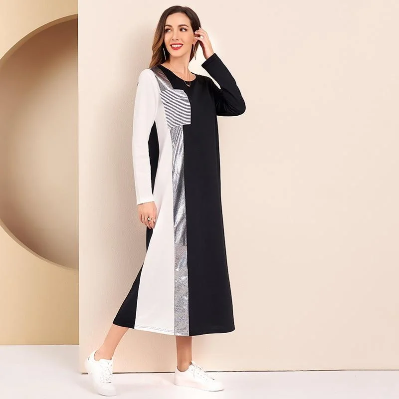 FashionSierra - Women Casual Dress Sequin Panel Colorblock O Neck Long Sleeve Maxi Dresses