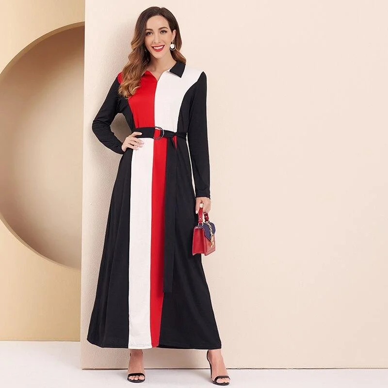 FashionSierra - Women Dress Office Lady Elegant Color Block Turn-down Collar Long Sleeve Belted Maxi Dress