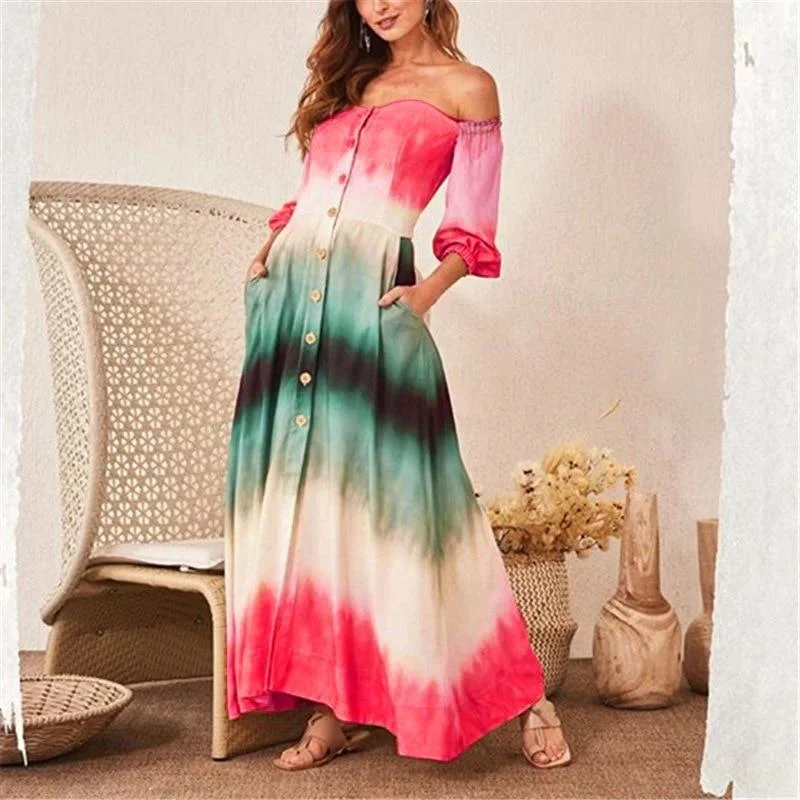 FashionSierra - Women Gradation Color Off Shoulder Long Dress Single Breasted Long Sleeve Maxi Dress with Pocket Casual Summer Beach Robe Femme