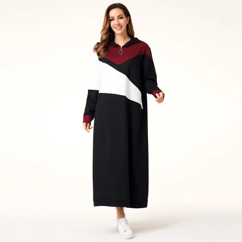 FashionSierra - Women Hoodie Dresses Patchwork Zipper Long Sleeve Hooded Maxi Dresses Casual Dress Women Autumn