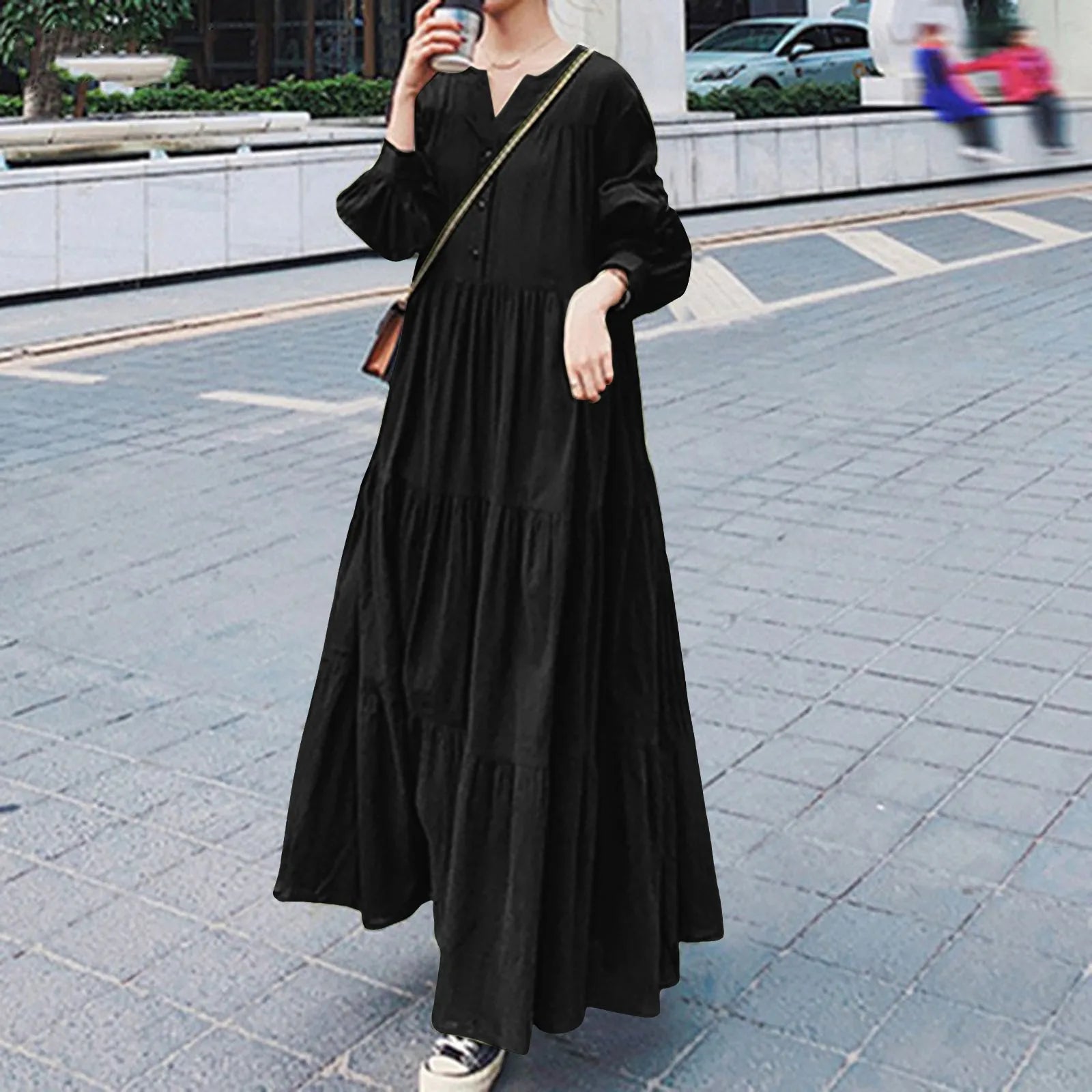 FashionSierra - Women Shirt Maxi Long Casual Spring Big Hem Long Sleeved V Neck Solid Vestidos Robe Femme Oversize Ruffles Sundress