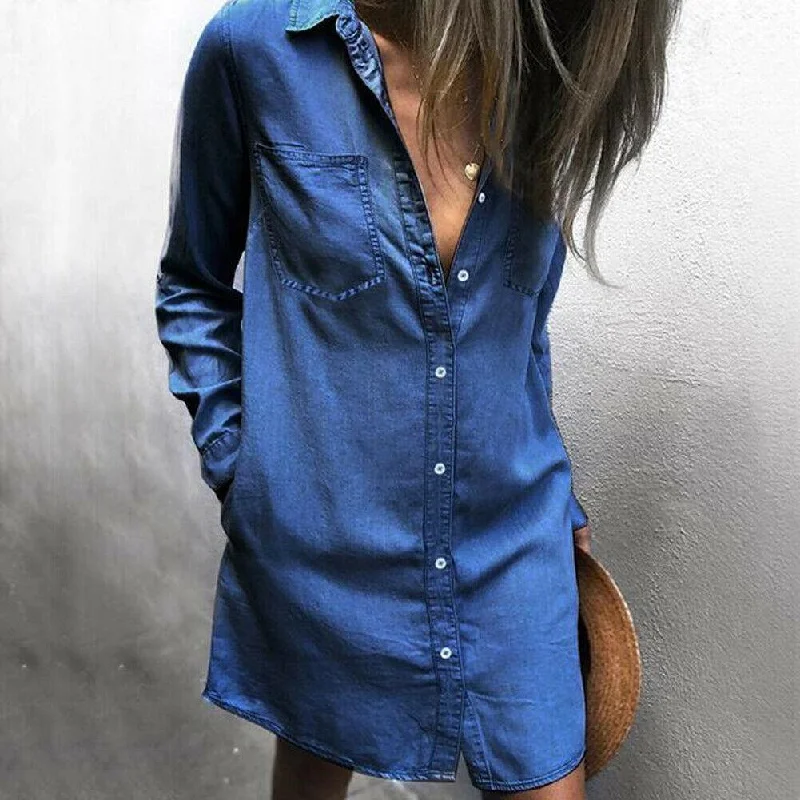 FashionSierra - Women Summer Mini Denim Jeans Dress 2019 New Fashion Ladies Casual Long Sleeve V Neck Loose Top Blouse Shirt Dress