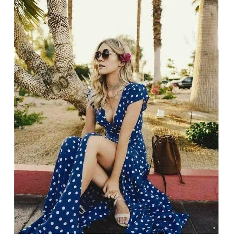 FashionSierra - Women Wrap Summer Boho Polka Dot Maxi Dress Casual Ladies Short Sleeve V Neck Holiday Beach Long Sundress Plus Size