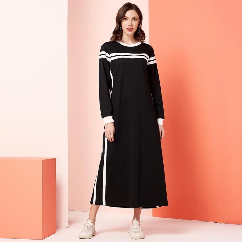 FashionSierra - Womens Casual Dress Black White Patchwork Plus Striped O Neck Long Sleeve Maxi Dresses