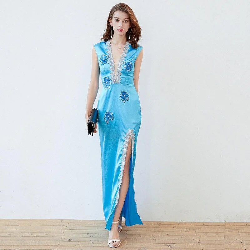 FashionSierra - Sexy V Neck Sleeveless Split Piping Elegant Designer Long Maxi Dress