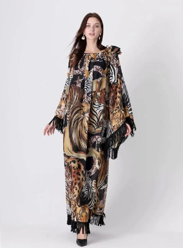 FashionSierra - Long Flare Sleeves Printed Elegant High Street Fashion Maxi Dress