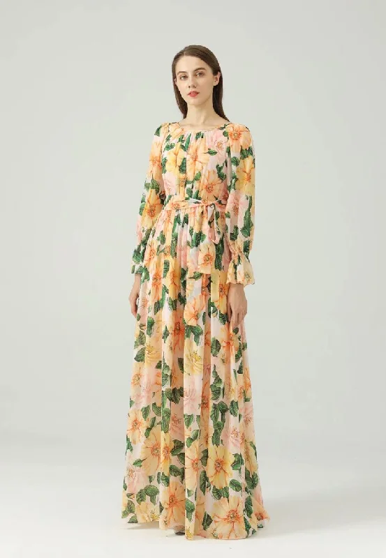 FashionSierra - Printed Sash Belt Fashion Maxi Dress