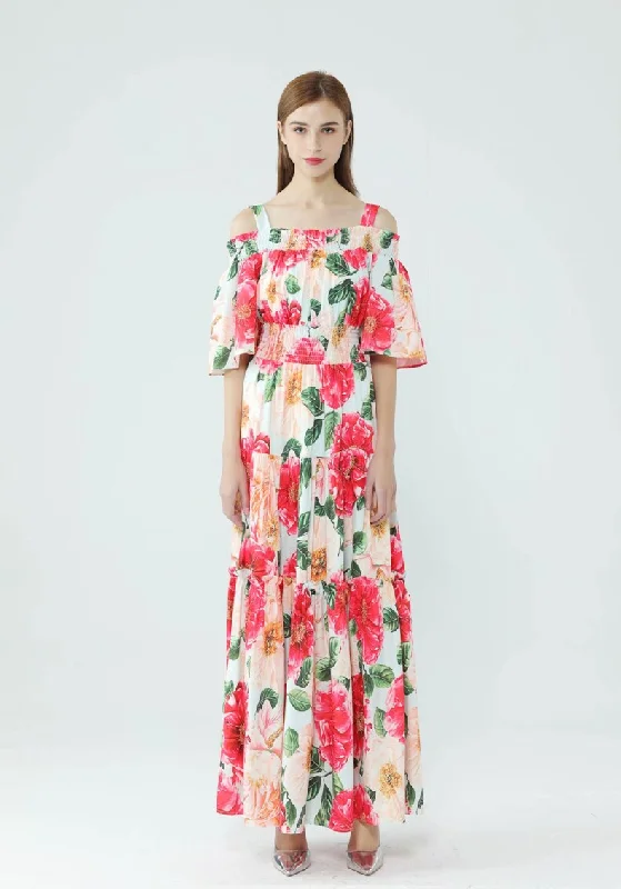 FashionSierra - Slash Neckline Floral Printed Tiered Ruffles Elegant Long Maxi Dresses