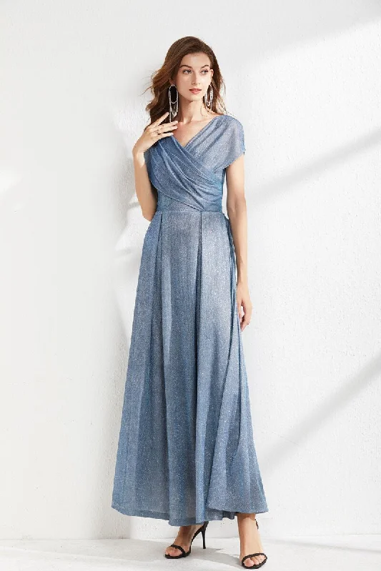 FashionSierra - V Neck Cape Sleeves Criss Cross Elegant Long Maxi Dress