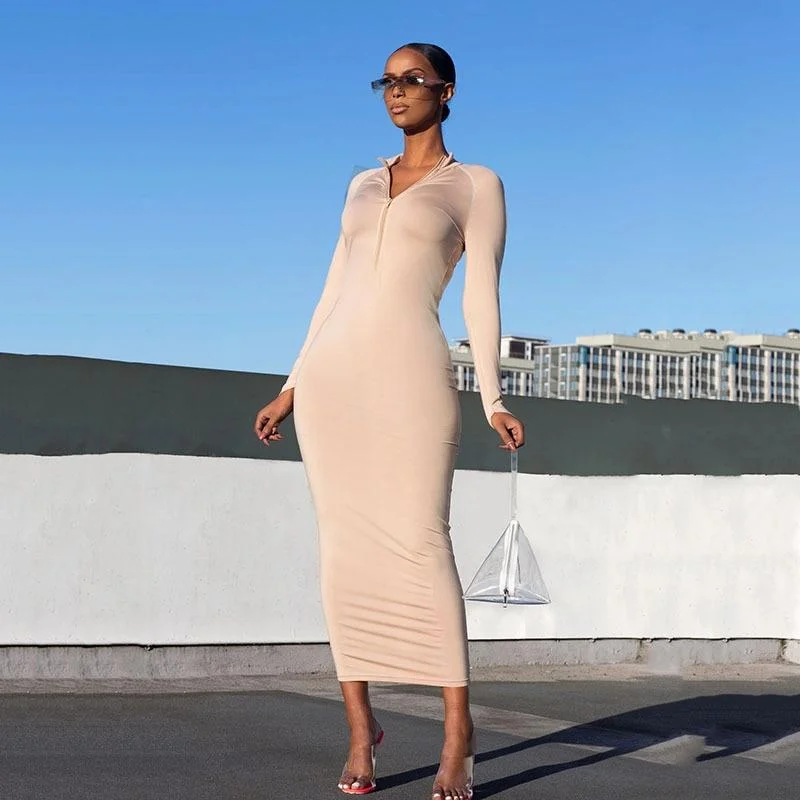 FashionSierra - Zipper V Neck Long Sleeve Maxi Dresses