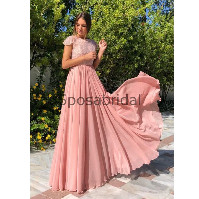 A-Line Pink Cap Sleeves Chiffon Popular Sexy Evening Elegant Prom Dresses PD2293