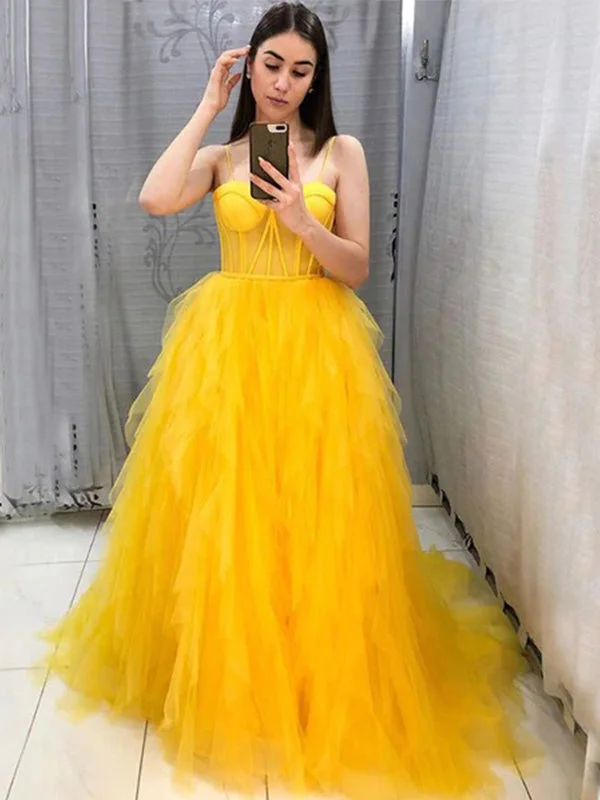 Sexy A-line Yellow Straps Modest Evening Prom Dresses PD2299