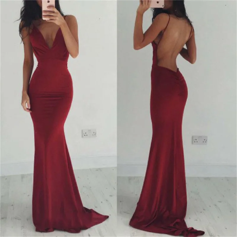 Backless Spaghetti Straps Sexy Burgundy V-neck Cocktail Evening Long Prom Dresses Online,PD0161