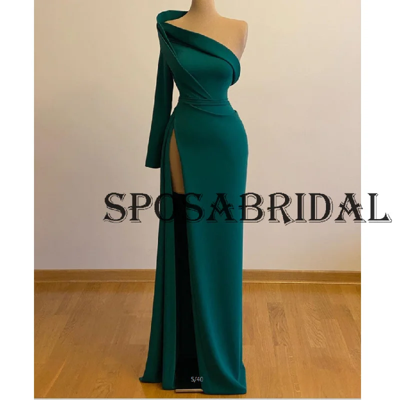 Charming One Shoulder Green Mermaid Evening Prom Dresses PD2363