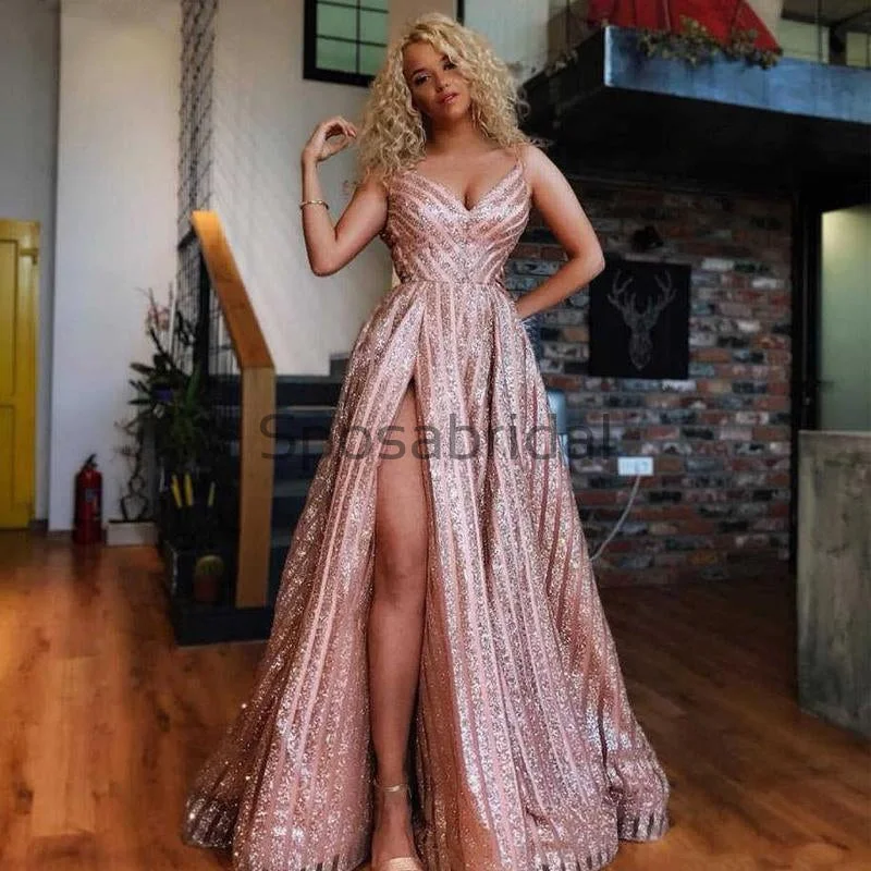 Charming V-Neck A-line Side Slit Sequin Sparkly Long Modest Prom Dresses, Evening dresses PD1850