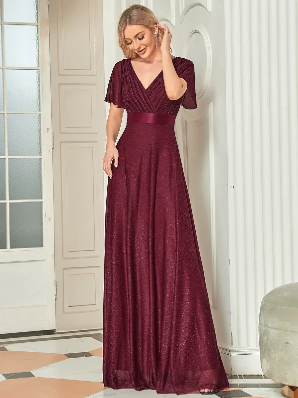 Custom Size Deep V Neck Ruffles Sleeve A Line Wholesale Evening Dresses