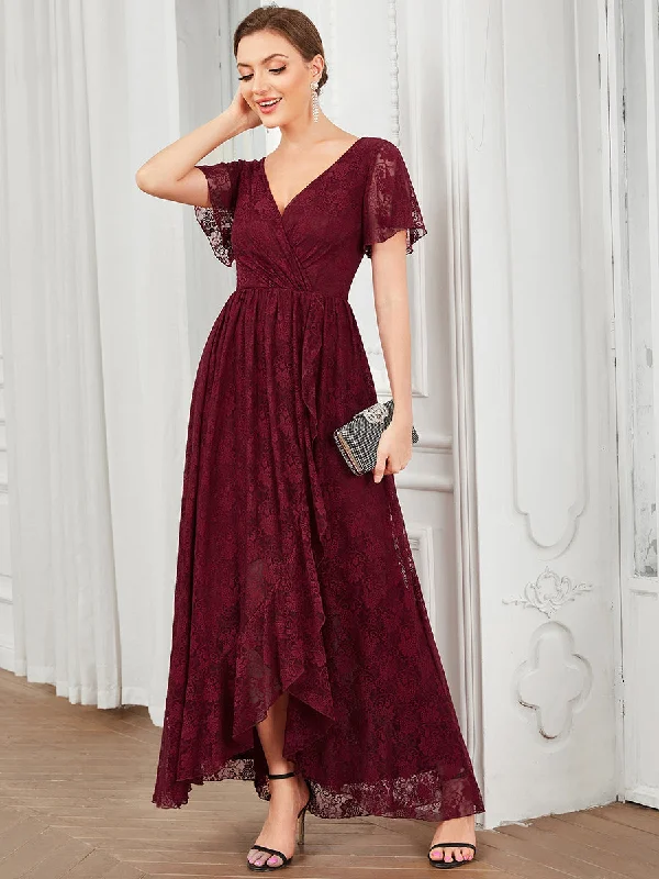 Deep V Neck Short See Through Sleeves A Line Wholesale Evening Dresses