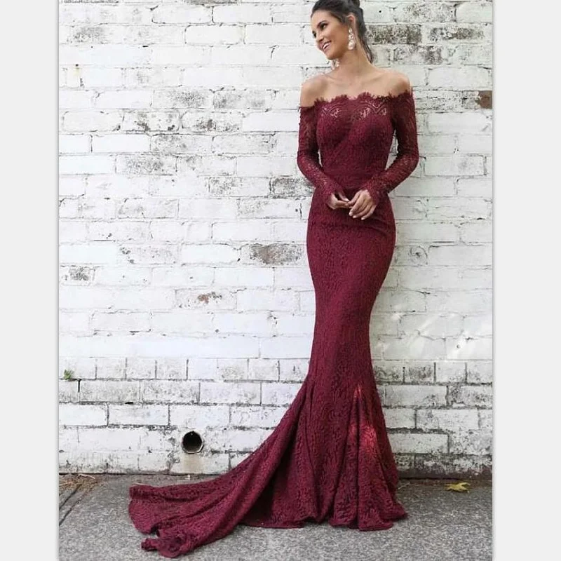 Elegant Mermaid Off-the-Shoulder Burgundy Lace Long Sleeves Prom Party Dresses, PD0867