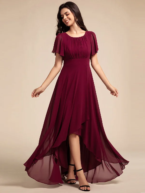 Elegant Round Neck Ruffles Sleeve Chiffon Evening Dresses with Asymmetrical Hem