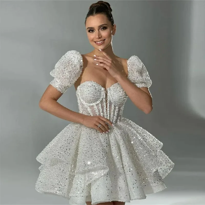 Short Sequined Beadings Wedding Dresses Puff Sleeves Princess Sweetheart Party Dresses Dress Women Elegant Luxury