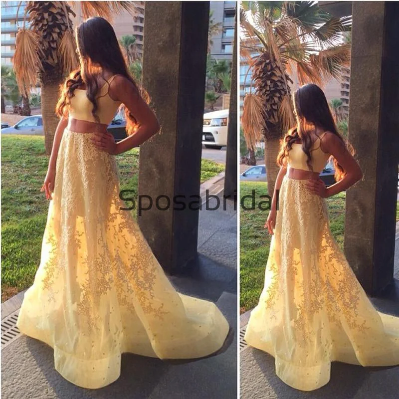 Two Pieces Yellow Lace Elegant Modest Prom Dresses,Party Dress, Prom Dresses PD1898