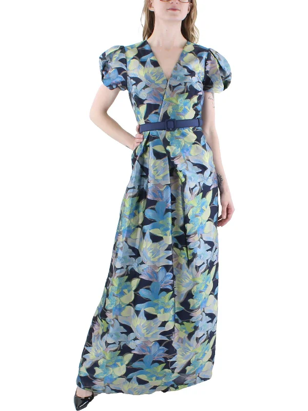 Womens Floral Pleated Evening Dress