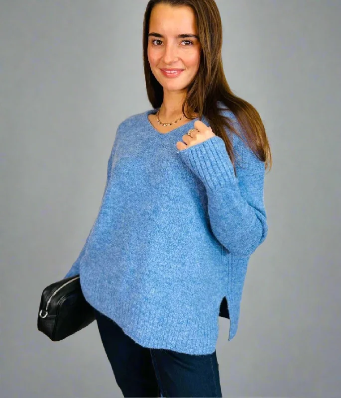 Blue V Neck Wool Blend Jumper