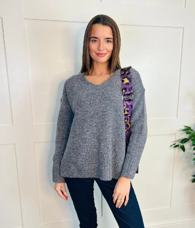 Grey V Neck Wool Blend Jumper